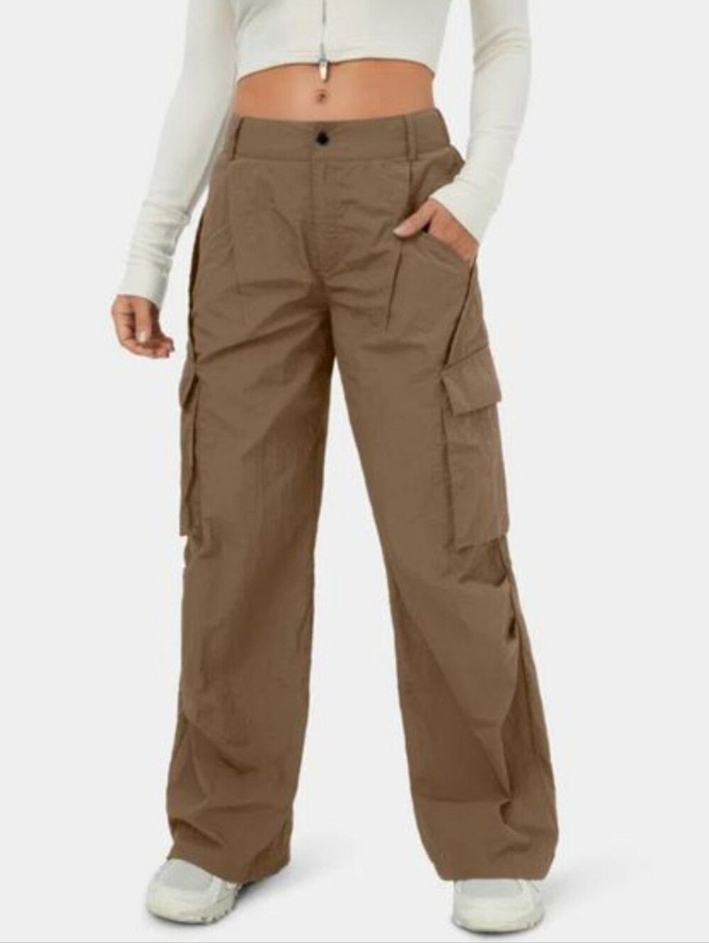 HALARA Mid Rise Button Zipper Side Pocket Wide Leg Baggy Casual Cargo Pants M
